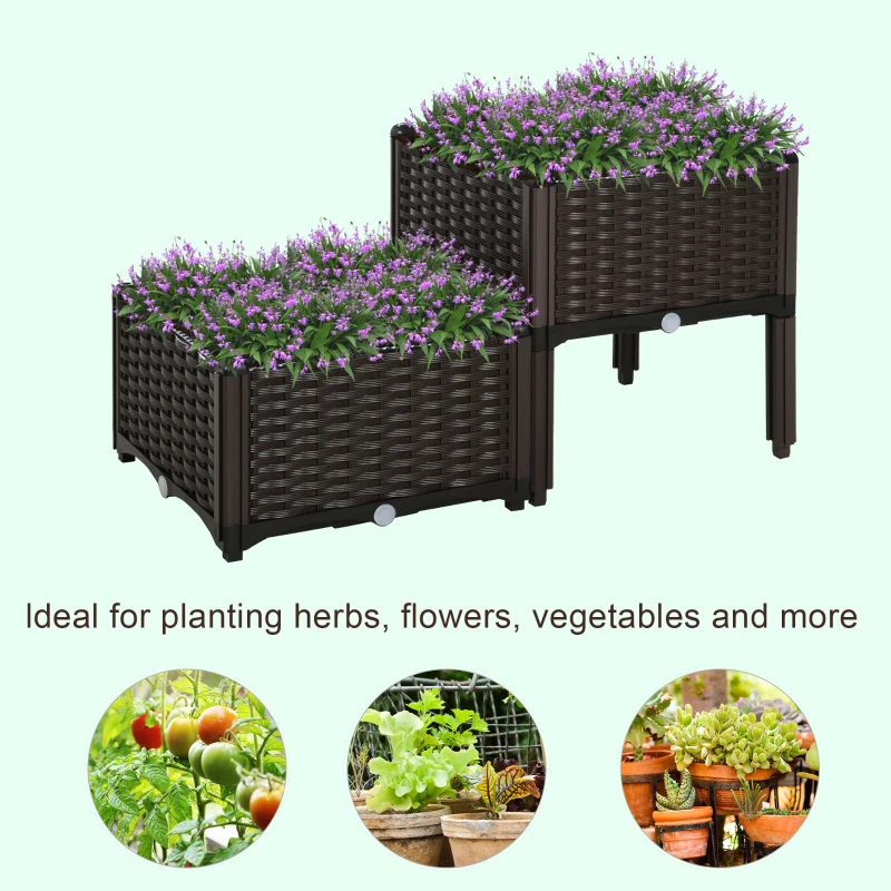 Outsunny Set of 2 Garden Raised Bed with Self-watering Disc, Elevated Planter Box, PP Vegetables Planting Container, Brown