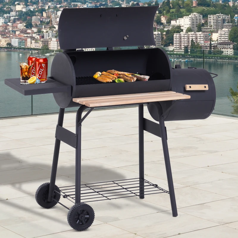 Outsunny Portable Charcoal BBQ Grill, Cold-rolled Steel, Solid Wood, 124Lx53Wx108H cm-Black