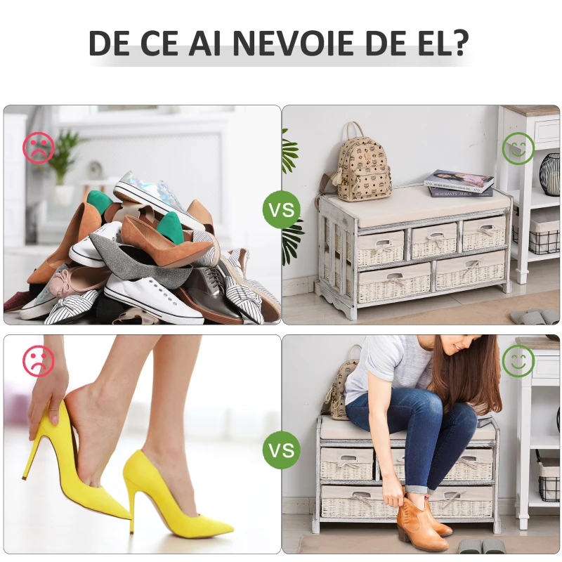 Banca Pantofar Alb – Lemn cu Perna, Sertar & 3 Compartimente