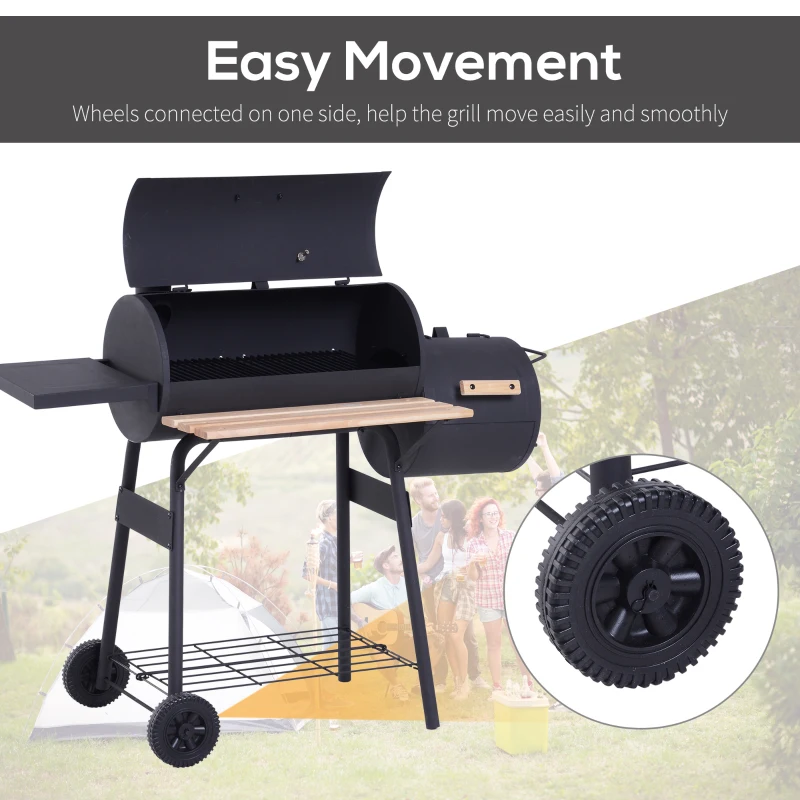 Outsunny Portable Charcoal BBQ Grill, Cold-rolled Steel, Solid Wood, 124Lx53Wx108H cm-Black
