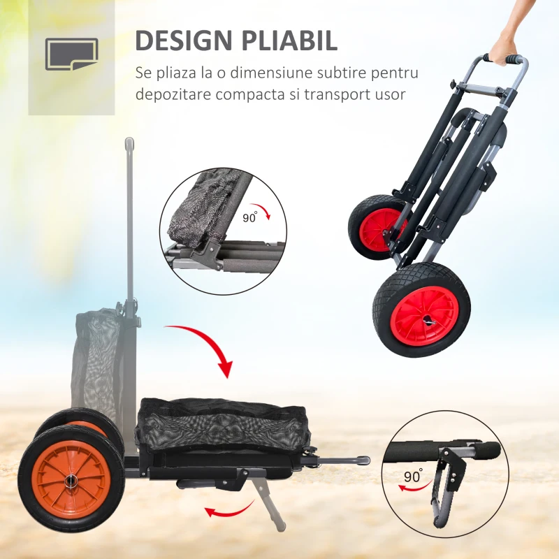 SPORTNOW Carucior de plaja pliabil, carucior de plaja din aluminiu cu roti mari de 30 cm pentru orice teren si maner telescopic, utilizare in gradina pentru cumparaturi in camping