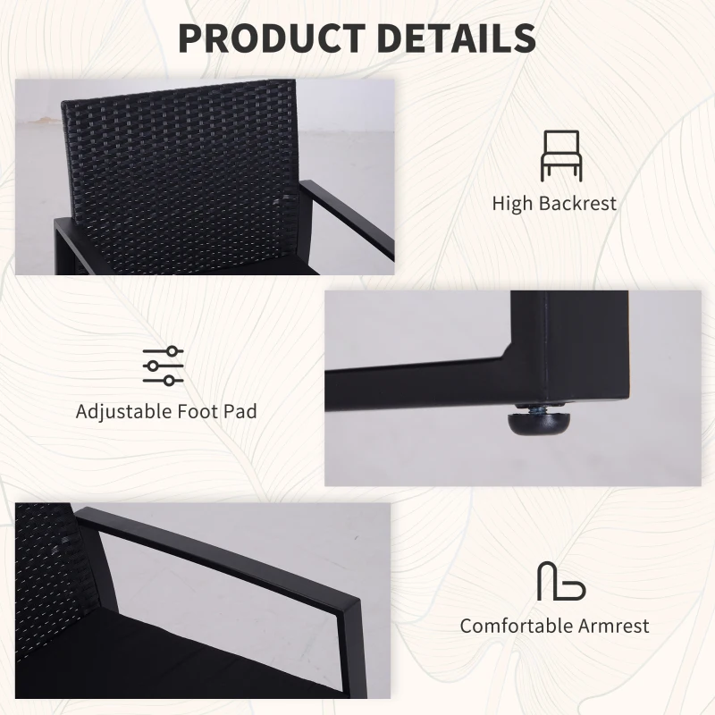 Outsunny 3pcs Rattan Garden Furniture Bistro Set with Glass Top Coffee table thick Cushion  for Patio Yard  Black