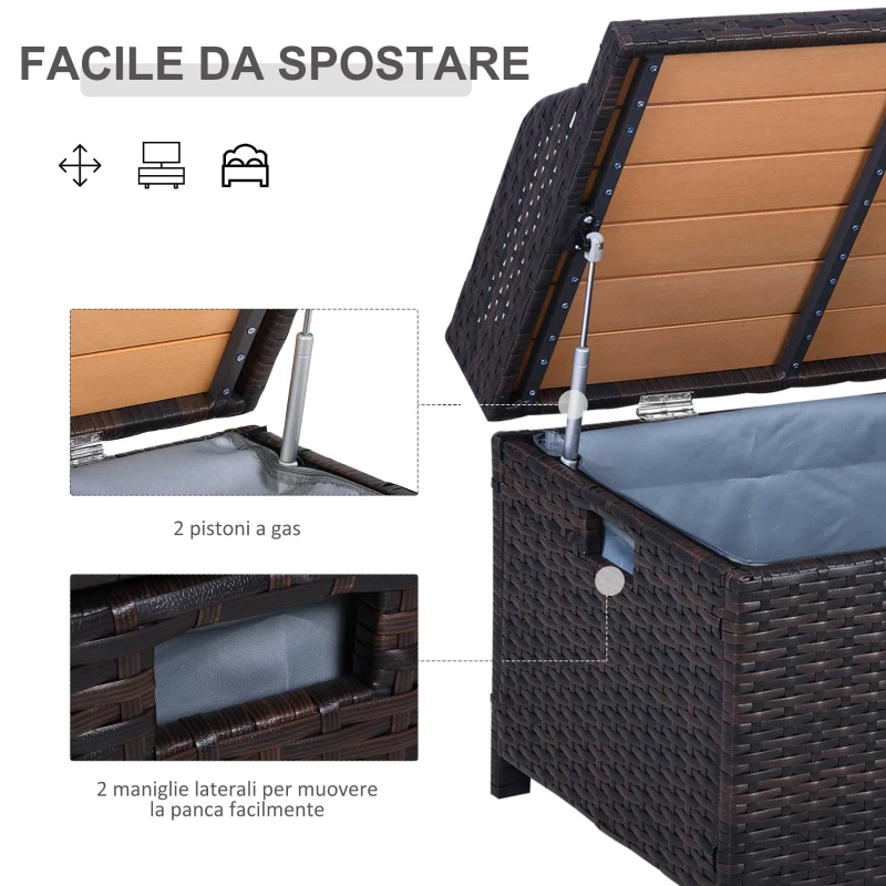 Outsunny Panca Contenitore Multiuso da 130L per 2 Persone, in PE Rattan e Alluminio 102x51x52 cm, Marrone e Beige
