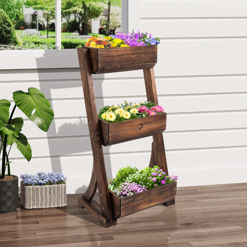 Outsunny IE Located 3-Tier Raised Garden Bed, Wooden Plant Stand, Vertical Flower Pot Display Rack Stand, 61 x 48 x 118 cm