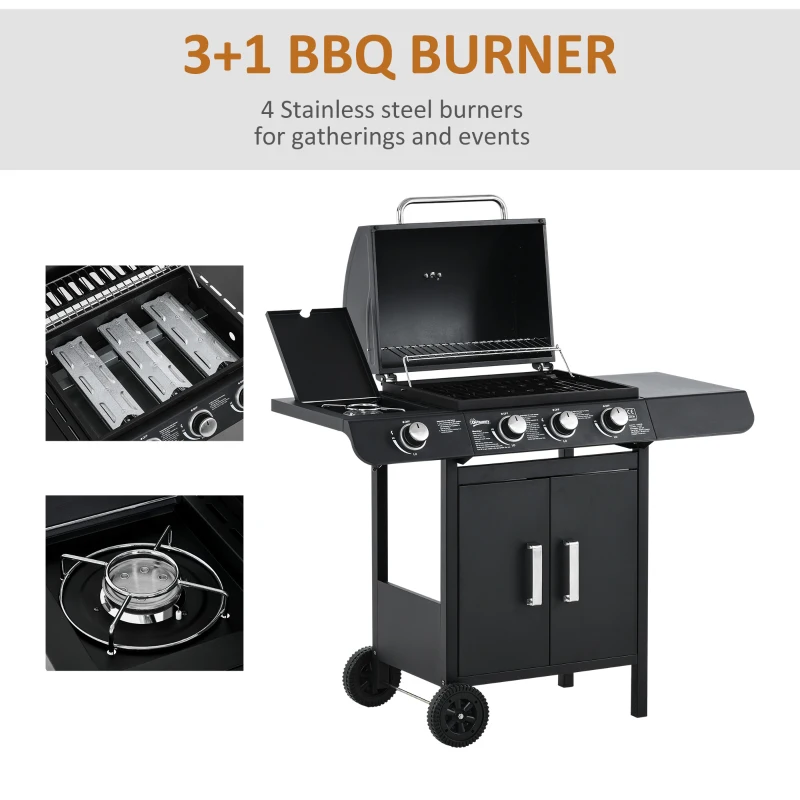 Outsunny Deluxe Gas Barbecue Grill 3+1 Burner Garden BBQ Large Cooking Area Side Burner