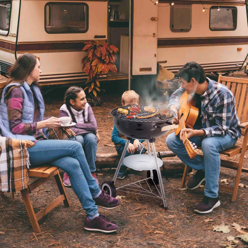 Outsunny Outdoor Portable Round Charcoal BBQ Grill with Wooden Handle, Bottom Shelves, Easy Cleaning for Party Patio