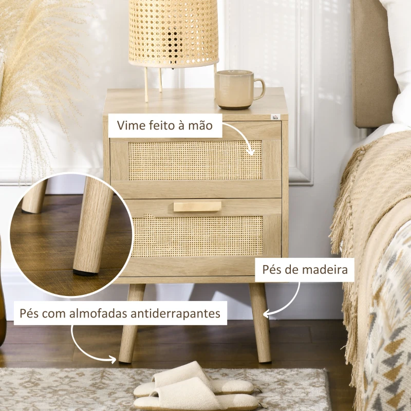 HOMCOM Mesa de Cabeceira com Desenho Boémio Mesa de Cabeceira com 2 Gavetas e Pés de Madeira 40x40x56 cm Madeira