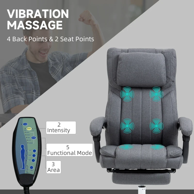 Vinsetto Bureaustoel met massagefunctie, verstelbare rugleuning, uitschuifbare voetsteun, linnenlook, grijs, 65 x 61 x 113 cm