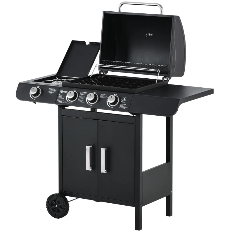 Outsunny Deluxe Gas Barbecue Grill 3+1 Burner Garden BBQ Large Cooking Area Side Burner