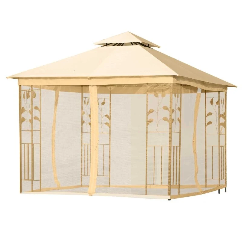 Outsunny Pérgola de Jardim  Pérgola de Exterior com Teto Duplo Mosquiteira e Orifícios de Drenagem 300x300x265 cm Bege