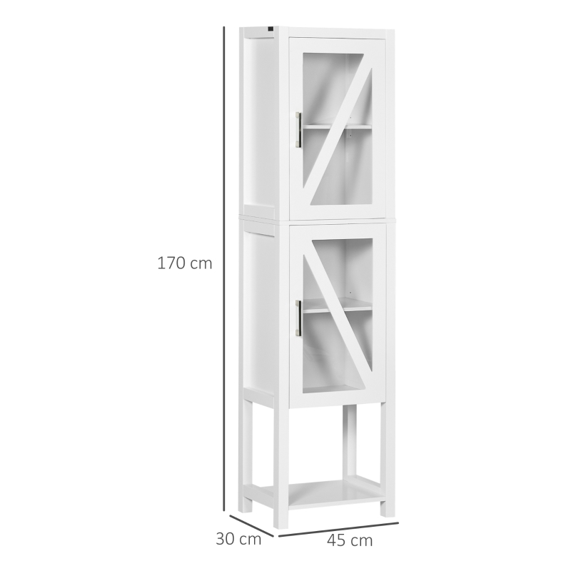 kleankin Coluna Casa de Banho com 2 Portas de Vidro Prateleiras Ajustáveis e Prateleira de Armazenamento 45x30x170 cm Branco
