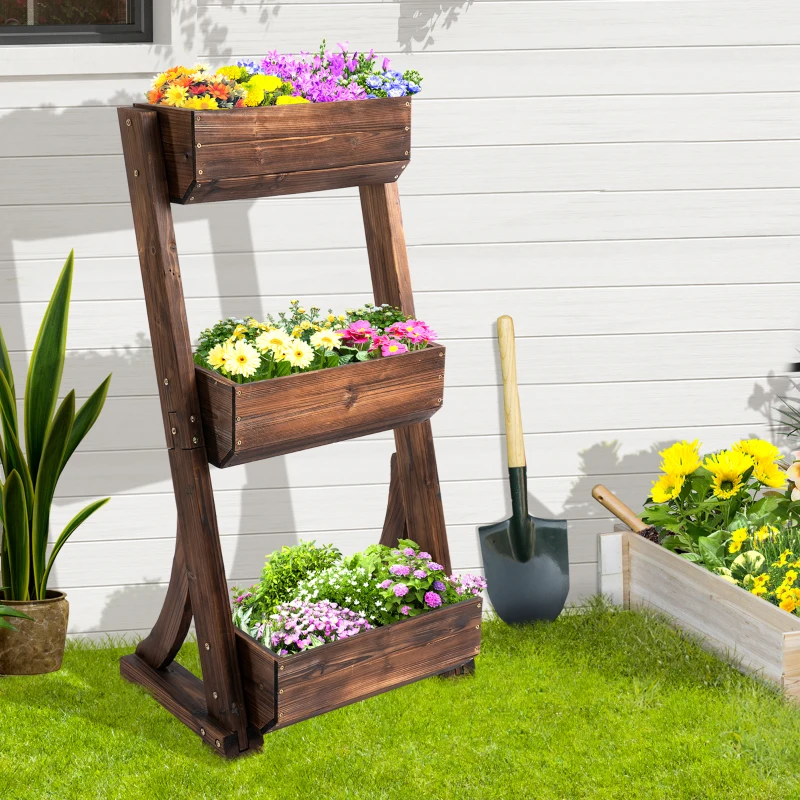 Outsunny IE Located 3-Tier Raised Garden Bed, Wooden Plant Stand, Vertical Flower Pot Display Rack Stand, 61 x 48 x 118 cm