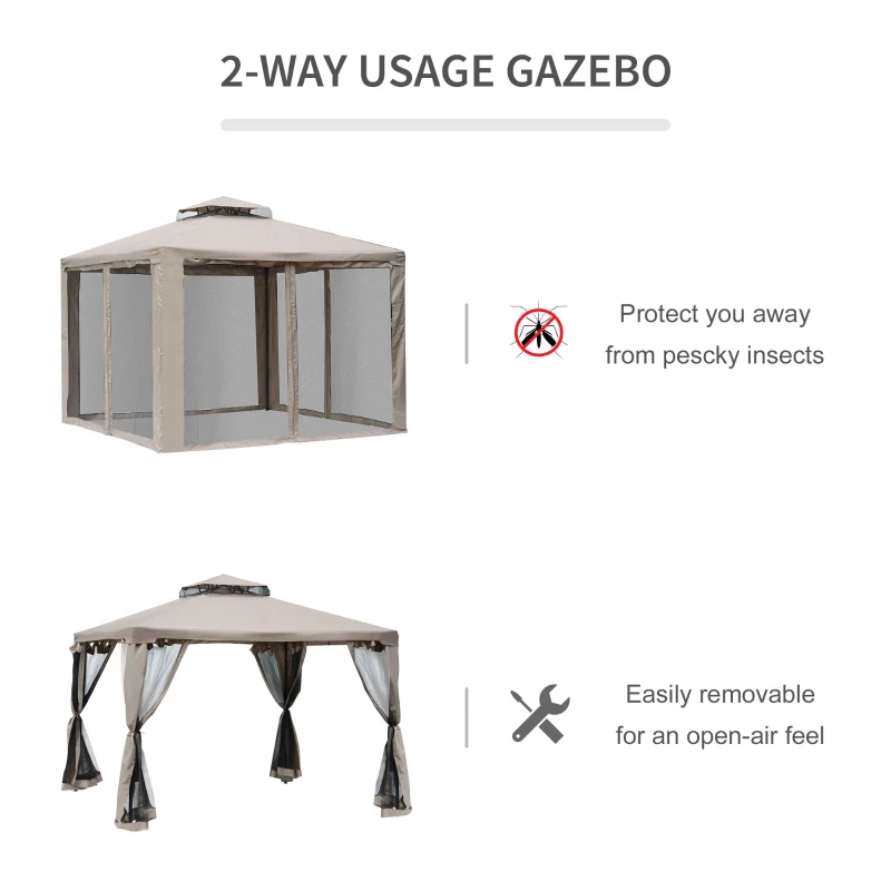 Outsunny 3 x 3m Metal Gazebo Garden Outdoor Marquee Party Tent Canopy Pavillion Patio Shelter with Mesh Sidewalls Taupe 2.95m Pavilion 2-tier Roof w/ Netting(m-6)