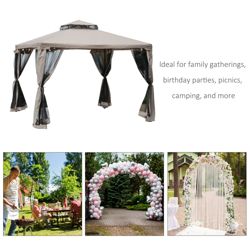 Outsunny 3 x 3m Metal Gazebo Garden Outdoor Marquee Party Tent Canopy Pavillion Patio Shelter with Mesh Sidewalls Taupe 2.95m Pavilion 2-tier Roof w/ Netting(m-4)