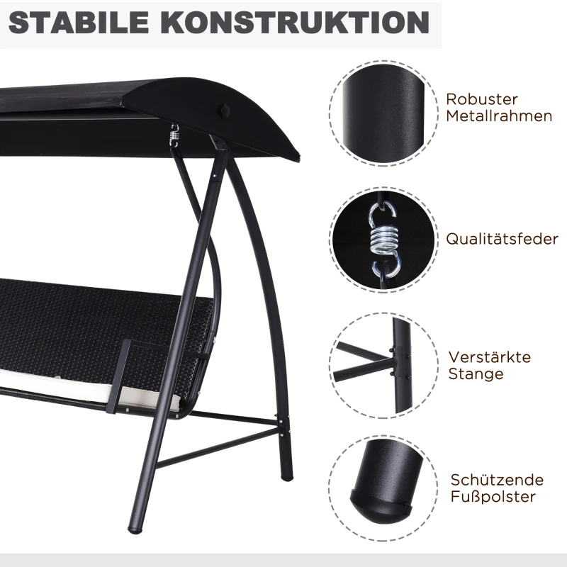 Outsunny Hollywoodschaukel 3-Sitzer aus Polyrattan Gartenschaukel mit verstellbar Sonnendach Sonnenschutz Sitzkissen Hängebank bis 360 kg belastbar Hängeschaukel für Garten 198x124x179cm Schwarz