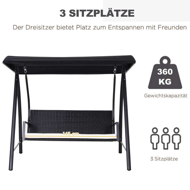 Outsunny Hollywoodschaukel 3-Sitzer aus Polyrattan Gartenschaukel mit verstellbar Sonnendach Sonnenschutz Sitzkissen Hängebank bis 360 kg belastbar Hängeschaukel für Garten 198x124x179cm Schwarz