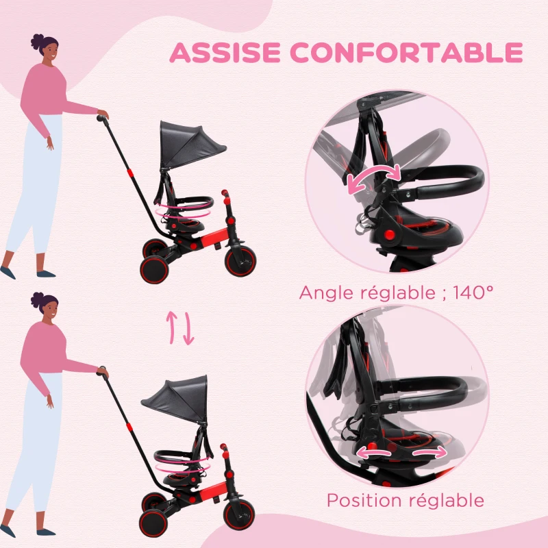 AIYAPLAY Tricycle 3 en 1 pour enfant évolutif de 18 à 48 mois poignée réglable 96,5 x 49 x 101 cm rouge et noir