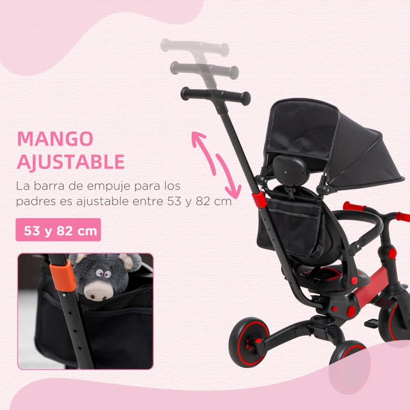 AIYAPLAY 3 en 1 Triciclo Evolutivo para +18 Meses con Capota Plegable y Mango Telescópico Desmontable 96,5x49x101cm Rojo