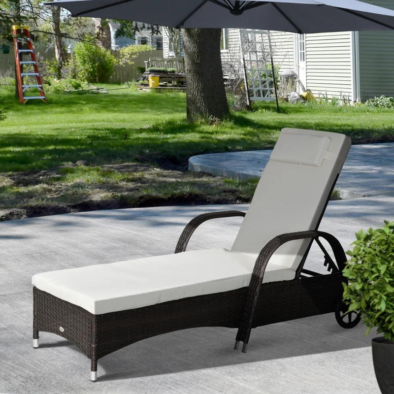 Outsunny Garden Rattan Furniture Single Sun Lounger Recliner Bed Reclining Chair Patio Outdoor Wicker Weave Adjustable Headrest with Fire Retardant Cushion - Brown