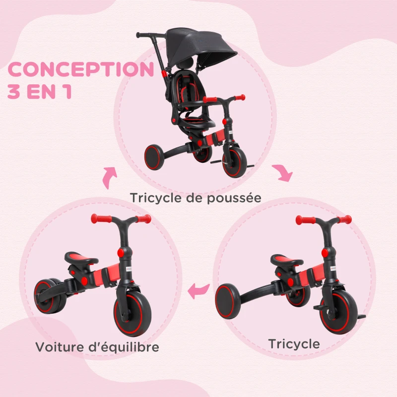 AIYAPLAY Tricycle 3 en 1 pour enfant évolutif de 18 à 48 mois poignée réglable 96,5 x 49 x 101 cm rouge et noir