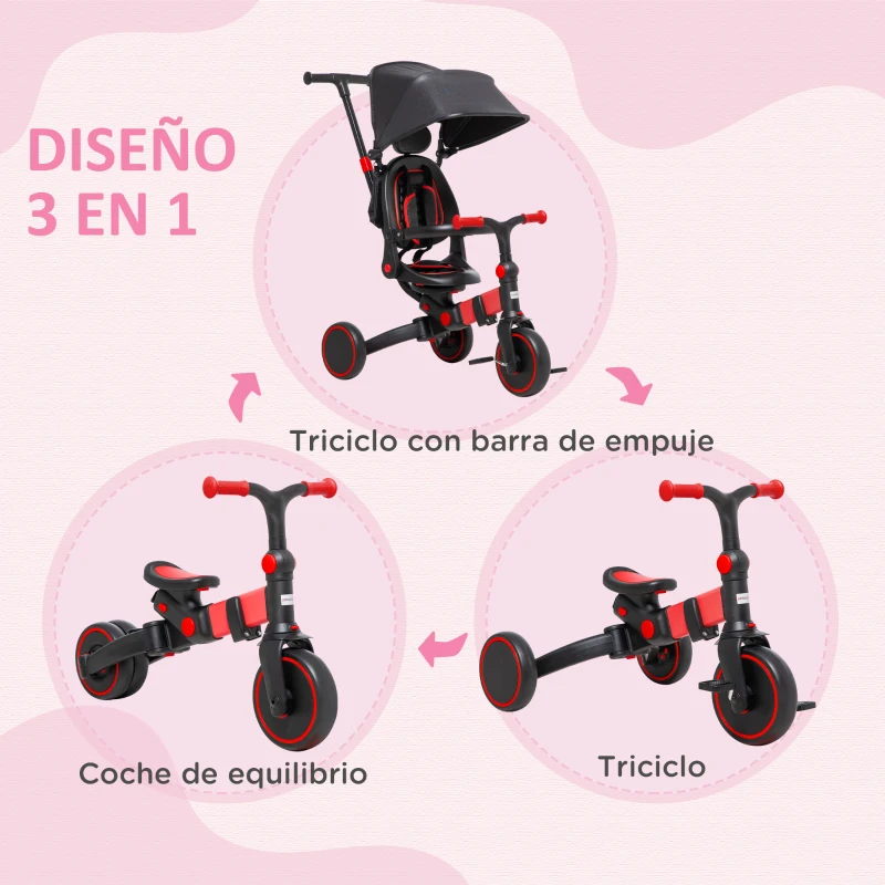 AIYAPLAY 3 en 1 Triciclo Evolutivo para +18 Meses con Capota Plegable y Mango Telescópico Desmontable 96,5x49x101cm Rojo