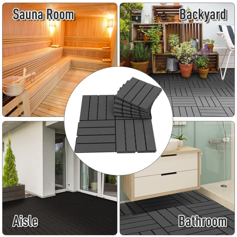 Outsunny 12" x 12" PP Interlocking Composite Deck Tile 9 Pack - Black