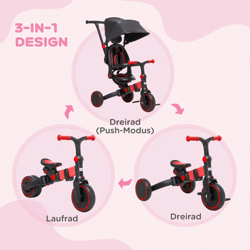 AIYAPLAY 3-in-1 Kinderdreirad, Dreirad, Laufrad Schiebegriff, drehbarer Sitz, Dreipunktgurt, Aluminiumrahmen, rot
