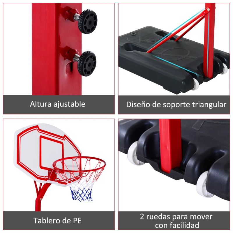 HOMCOM Canasta de Baloncesto con Altura Ajustable 210-260 cm con Soporte Metal y Base Rellenable para Niños y Adultos Rojo