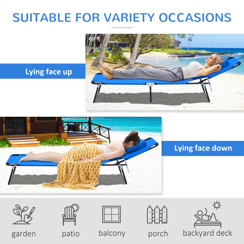 Outsunny Sun Lounger Foldable Reclining Chair with Pillow and Reading Hole Garden Beach Outdoor Recliner Adjustable Blue