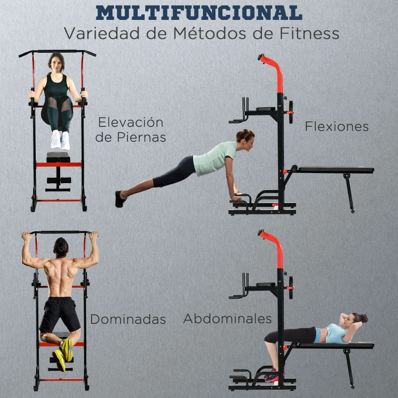 HOMCOM Multiestación Máquina de Musculación Multifuncional Plegable con Banco Acolchado Altura Ajustable en 6 Niveles Acero 94x174x180-230 cm Negro y Rojo