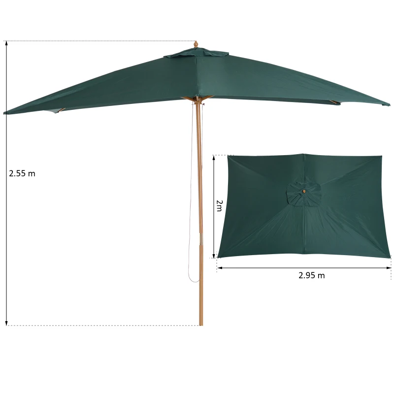 Outsunny Sombrilla Parasol 295x200x255 cm para Jardín Terraza con Mástil de Madera y Toldo de Poliéster 180g/m² Color Verde