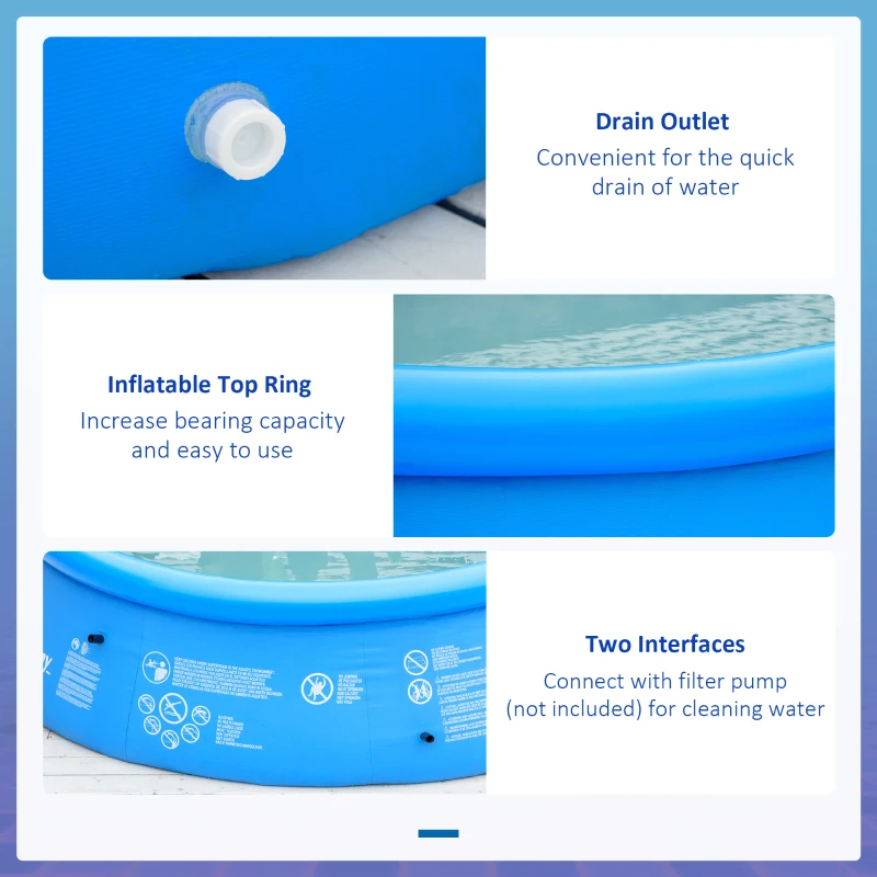Outsunny Piscina de Gradina Gonflabila din PVC cu 3 Straturi pentru 3-4 Persoane cu Supapă de Scurgere si Pompa Manuala Inclusa, Φ274x76cm, Albastra