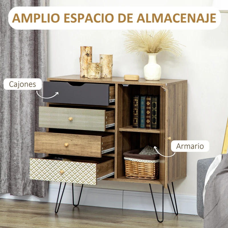 HOMCOM Cómoda con 4 Cajones Estilo Boho Cajonera de Madera con Patas de Metal para Salón Dormitorio 79x39x86 cm Marrón(m-4)