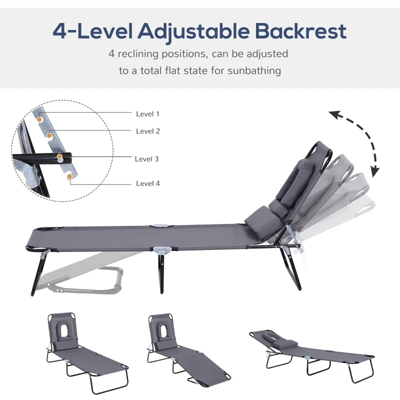 Outsunny Sun Lounger Foldable Reclining Chair with Pillow and Reading Hole Garden Beach Outdoor Recliner Adjustable Grey