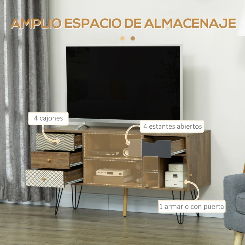 HOMCOM Mueble de TV Estilo Boho con Estantes 4 Cajones y Patas de Metal Mesa para TV de hasta 50'' 120x39x64 cm Marrón