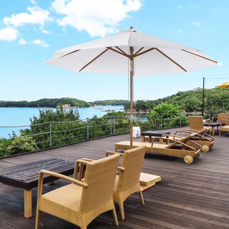 Outsunny 3M Patio Umbrella Wood Outdoor Table Umbrella with 8 Sturdy Ribs - Cream White