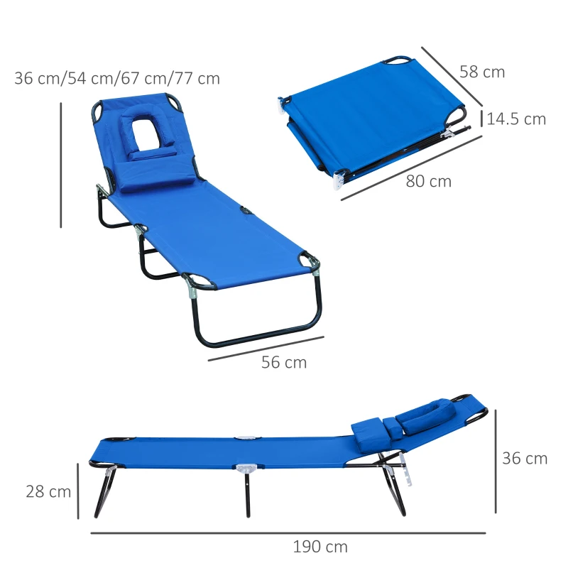 Outsunny Sun Lounger Foldable Reclining Chair with Pillow and Reading Hole Garden Beach Outdoor Recliner Adjustable Blue