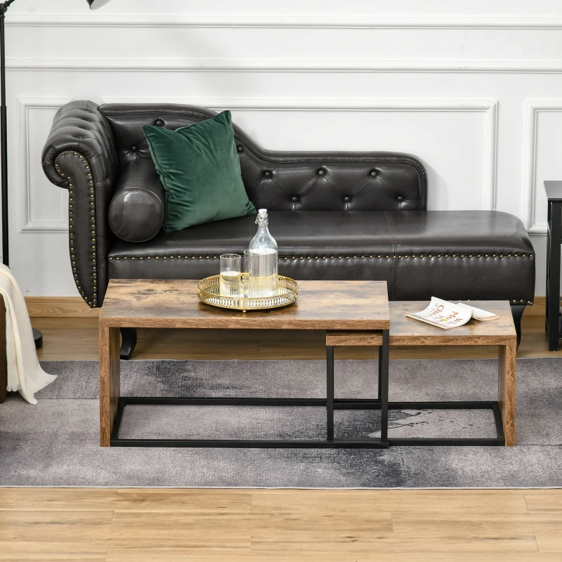 HOMCOM Coffee Tables Nesting Table Set of 2 Side Table w/ Metal Frame for Living Room Bedroom Black & Brown