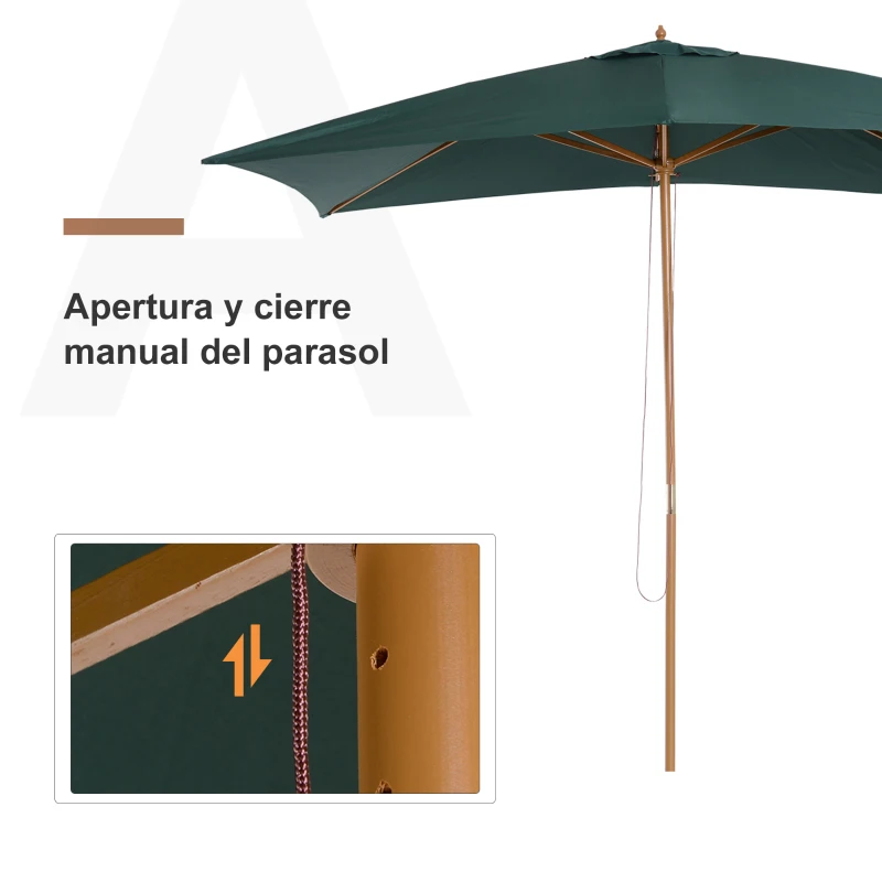 Outsunny Sombrilla Parasol 295x200x255 cm para Jardín Terraza con Mástil de Madera y Toldo de Poliéster 180g/m² Color Verde