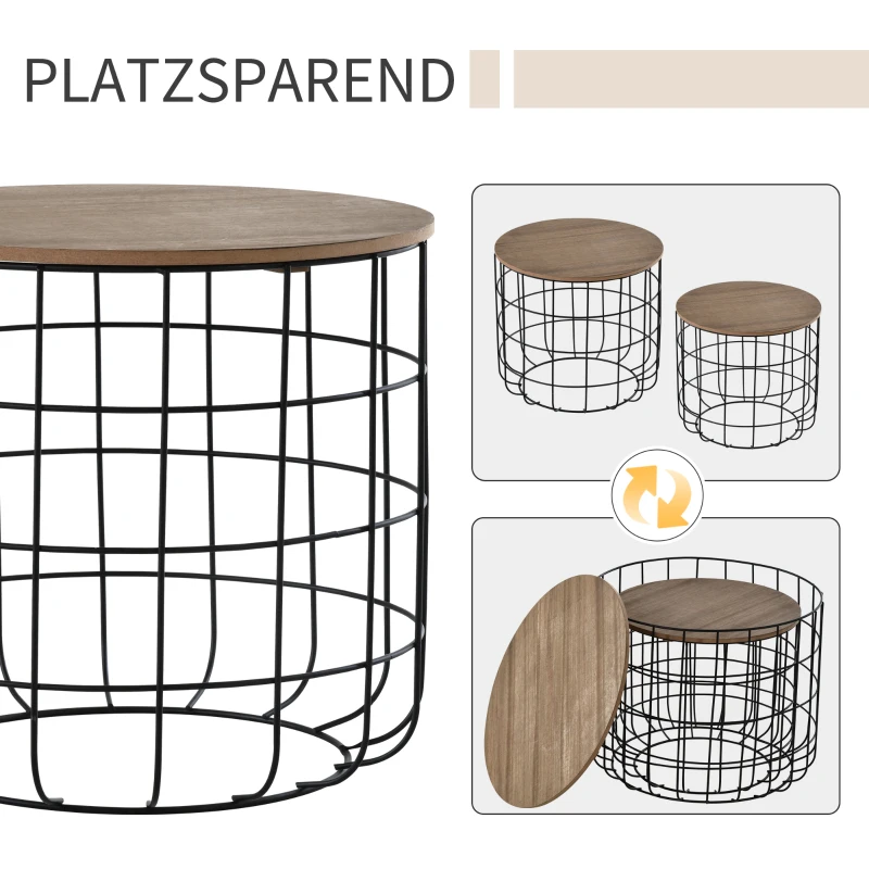 HOMCOM Beistelltisch, 2er Set, Couchtisch, Kaffeetisch mit erhöhten Kanten, Wohnzimmer, Metall Schwarz, Ø50 x 41 cm/Ø40 x H36,5 cm