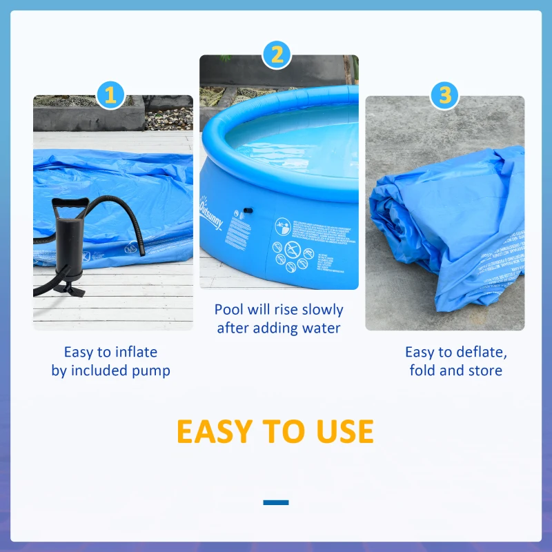 Outsunny Piscina de Gradina Gonflabila din PVC cu 3 Straturi pentru 3-4 Persoane cu Supapă de Scurgere si Pompa Manuala Inclusa, Φ274x76cm, Albastra
