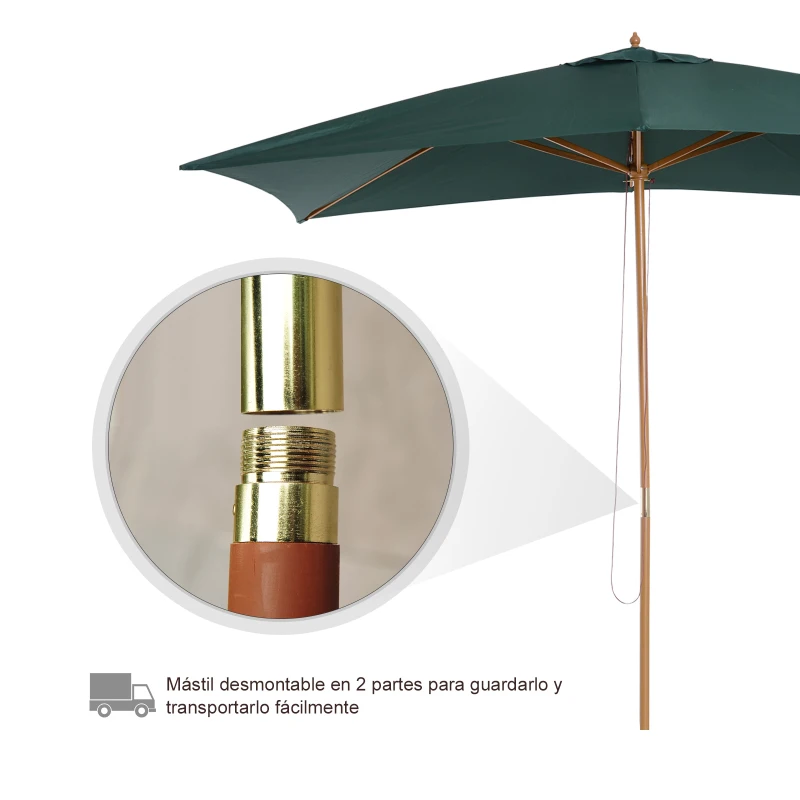 Outsunny Sombrilla Parasol 295x200x255 cm para Jardín Terraza con Mástil de Madera y Toldo de Poliéster 180g/m² Color Verde