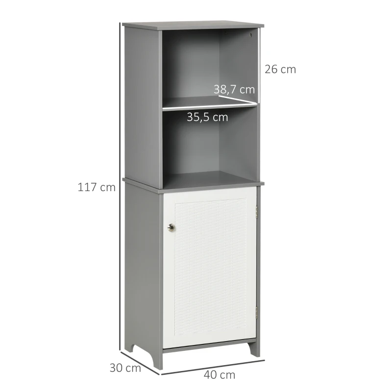 kleankin Armario Alto de Baño con Estantería de 4 Niveles 1 Puerta y Estante Ajustable Interior Mueble Auxiliar de Almacenaje para Salón Cocina 40x30x117 cm Gris