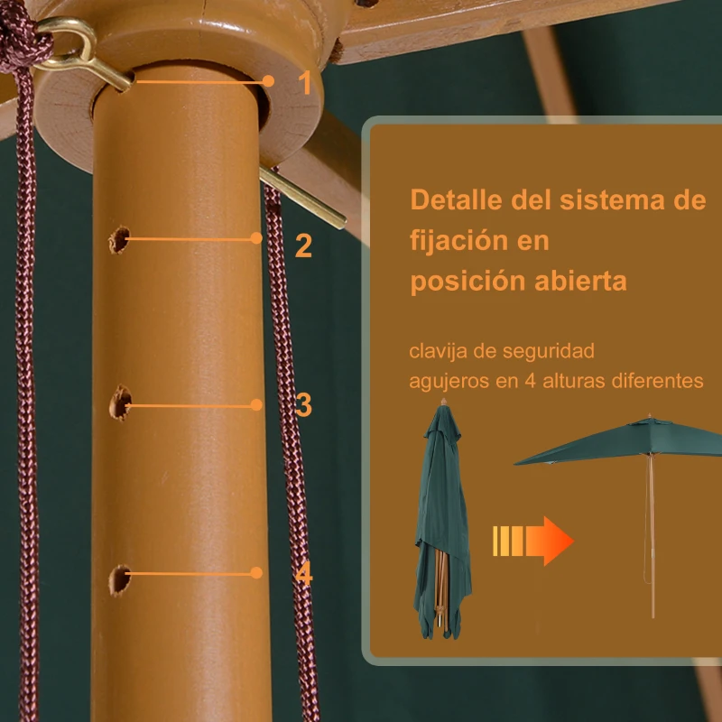 Outsunny Sombrilla Parasol 295x200x255 cm para Jardín Terraza con Mástil de Madera y Toldo de Poliéster 180g/m² Color Verde