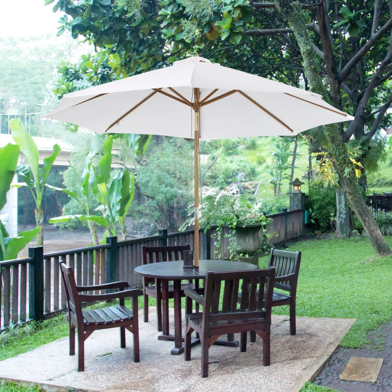 Outsunny 3M Patio Umbrella Wood Outdoor Table Umbrella with 8 Sturdy Ribs - Cream White