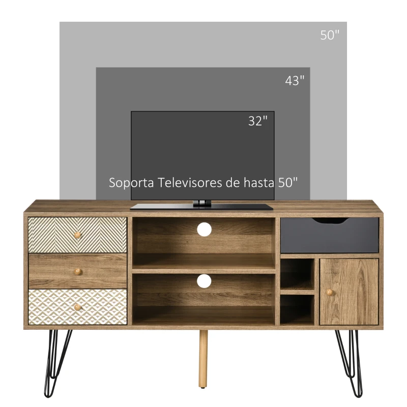 HOMCOM Mueble de TV Estilo Boho con Estantes 4 Cajones y Patas de Metal Mesa para TV de hasta 50'' 120x39x64 cm Marrón