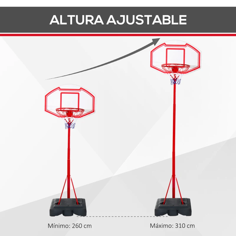 HOMCOM Canasta de Baloncesto con Altura Ajustable 210-260 cm con Soporte Metal y Base Rellenable para Niños y Adultos Rojo