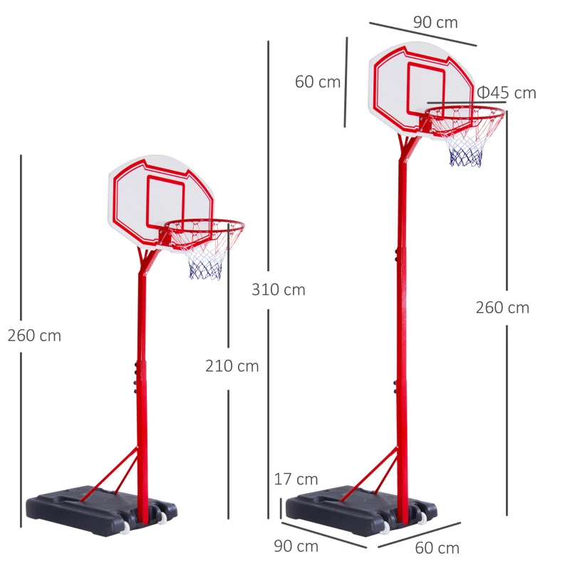 HOMCOM Canasta de Baloncesto con Altura Ajustable 210-260 cm con Soporte Metal y Base Rellenable para Niños y Adultos Rojo