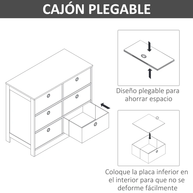 HOMCOM Cómoda con 6 Cajones de Tela Cajonera Armario de Almacenaje Multifuncional para Dormitorio Salón Pasillo 72x35x62 cm Blanco y Gris