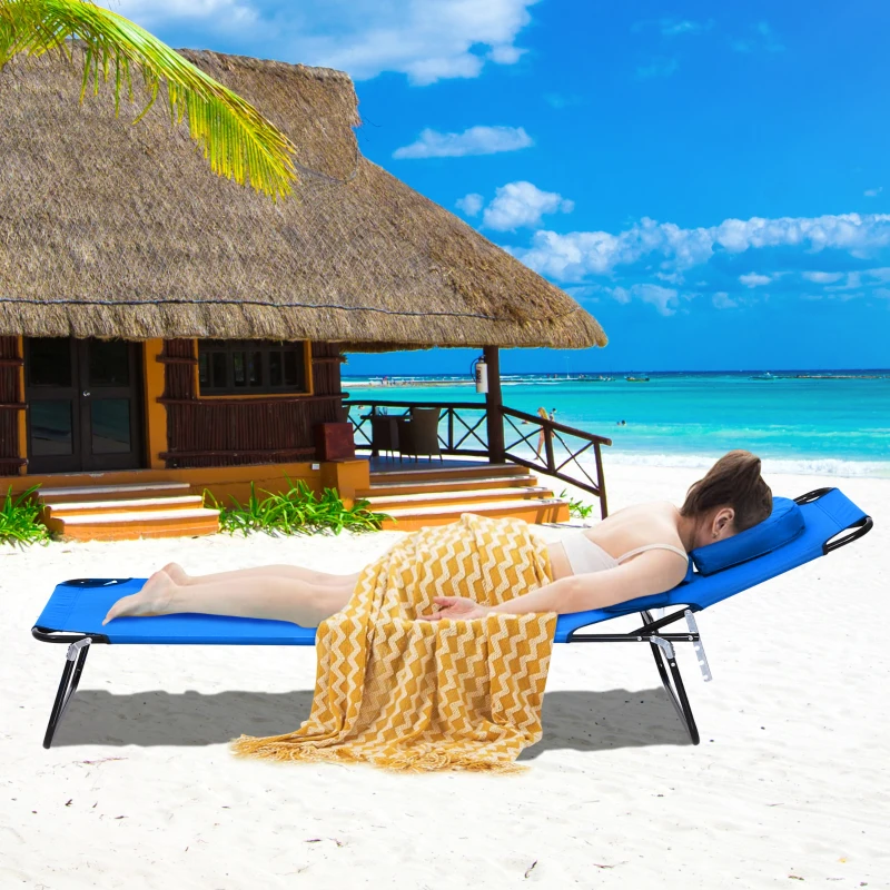 Outsunny Sun Lounger Foldable Reclining Chair with Pillow and Reading Hole Garden Beach Outdoor Recliner Adjustable Blue